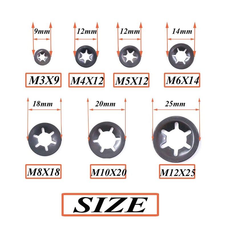 SpzcdZa 260pcs 7 Size Internal Tooth Starlock Washers Locking Washer Assortment Kit, Push On Speed Clips Fasteners Assortment Kit,Quick Speed Locking Washers,Black Oxide Finish65Mn Black Oxide Finish - Image 2